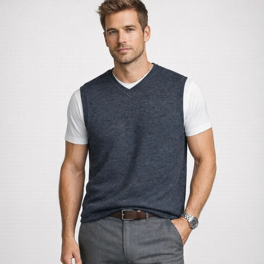 Banana Republic Sweater Vest Mens L XL Gray‎ 100% Merino Wool V-Neck Knit Preppy